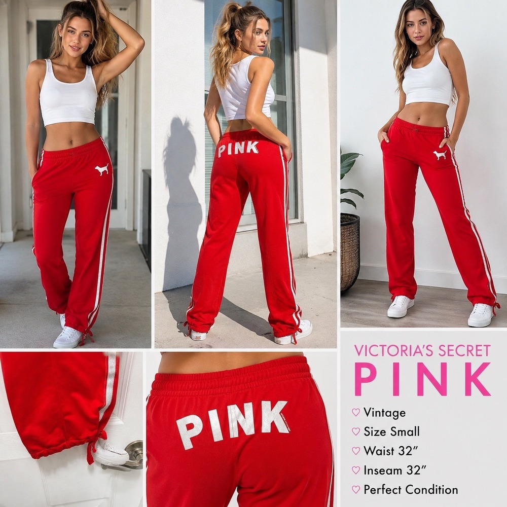 Vintage Victorias‎ Secret PINK Red Track Pants Silver Stripe Dog Logo Small